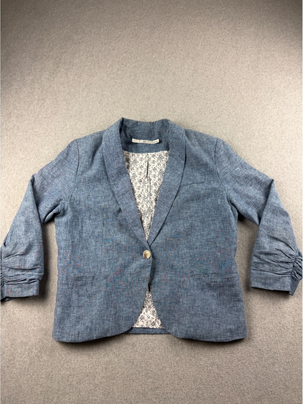 Gibson Womens Blue Linen Cotton Blazer Ruched 3/4 Sleeve Floral Lined